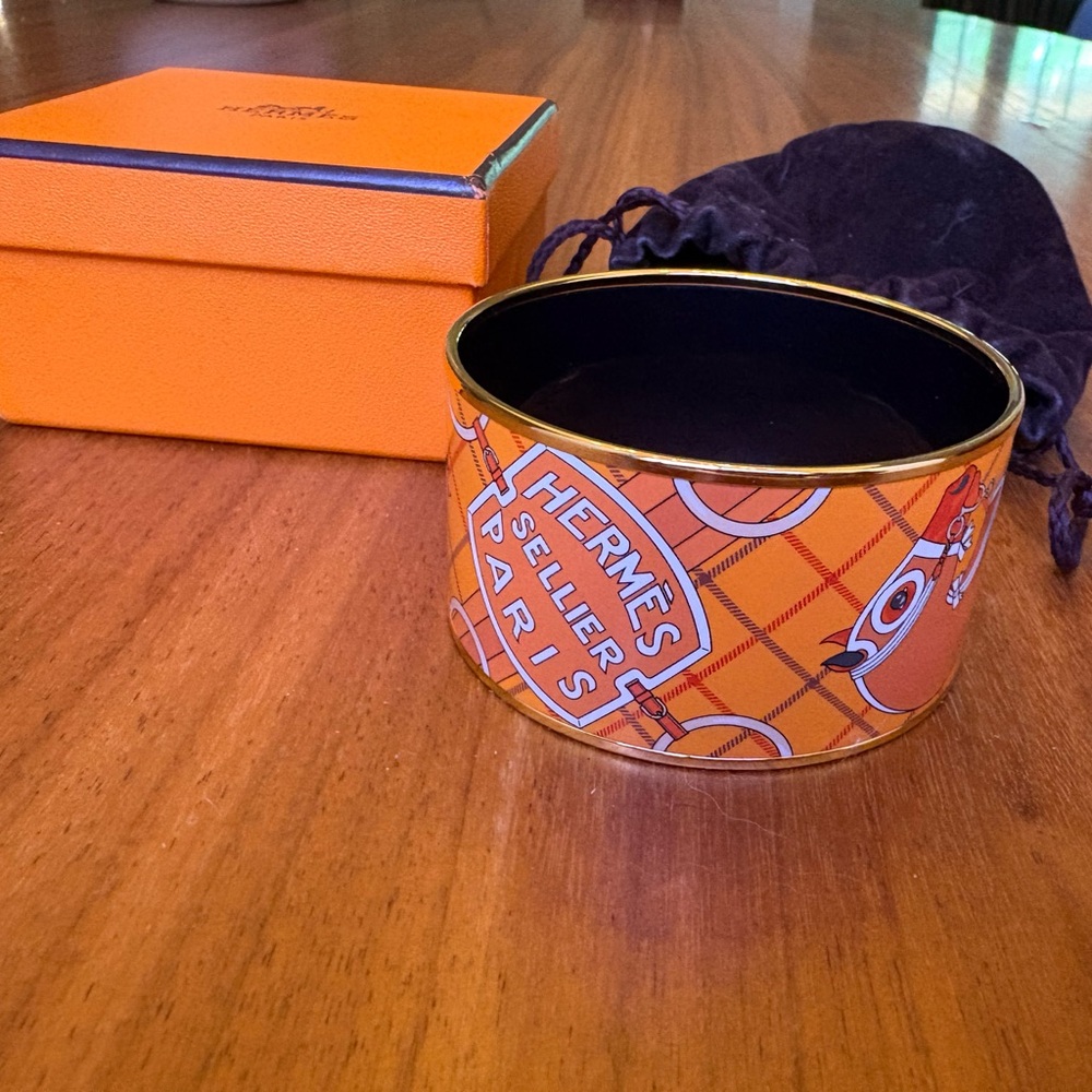 Hermès Sellier Paris Equestrian Orange Bracelet - Gold Trim and Black Interior.